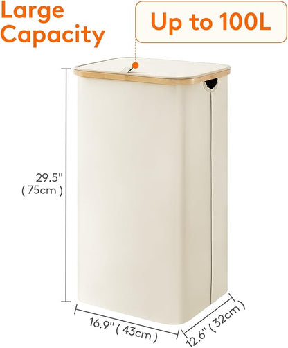 Lifewit 100L Laundry Basket with Lid, Clothes Hampers for Laundry with Bamboo Handles and A Removable Bag, Large Foldable Laundry Hamper for Bedroom, Bathroom, Dorm, Laundry Room, White