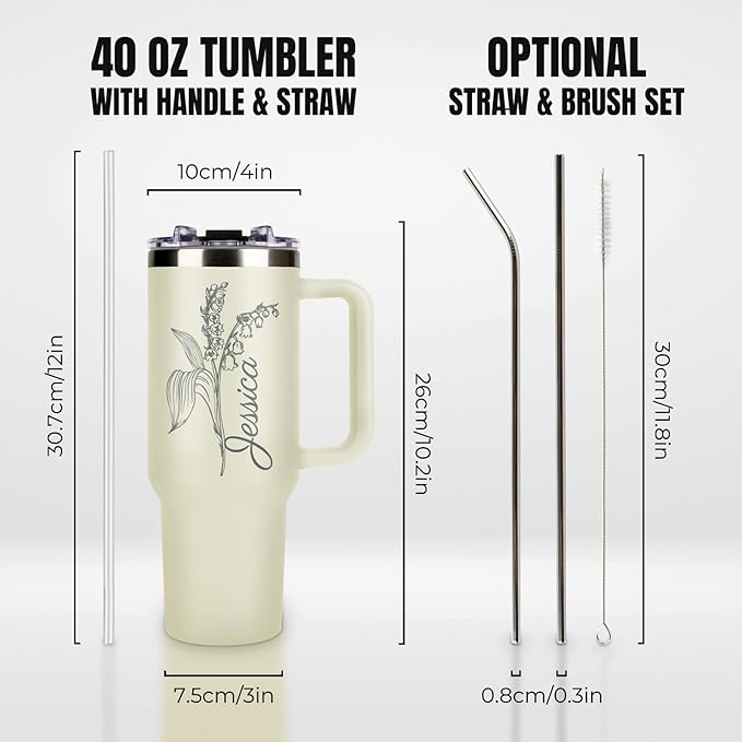 Made in USA - Personalized 40 Oz Tumbler with Handle and Straw - Custom Birthday Gifts with Name/Birth Flower for Wowen Girlfriend- Personalized Tumbler Bridesmaid Gifts for Wedding