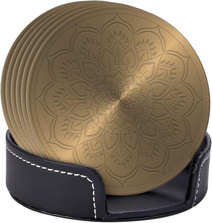 Drink Coasters with Holder Stand Set of 6, Mandala Rosette Engraving Pu Leather