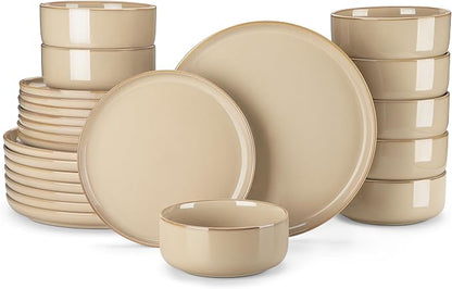 vancasso PLAYA Ceramic Plates and Bowls Sets, 24 Pieces Brown Dinnerware Sets