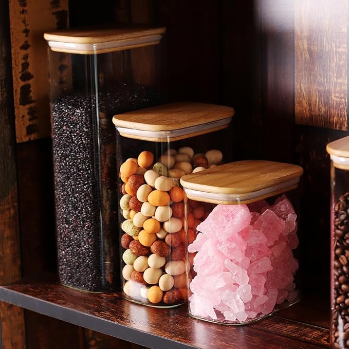 68oz Glass Storage Containers Set of 3 with Lids, Ideal for Pasta, Pickles, Rice, Chia Pudding, Coffee, Spices, Snacks - Tall Jars, Yogurt & Meal Prep Containers for Kitchen Organization
