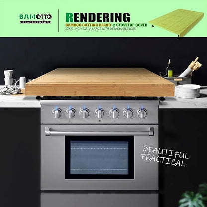 30 x 21 in Extra Large Bamboo Cutting Board and Stovetop Cover, Stove Top Cover Chopping Board with Detachable Legs and Juice Groove, Sink Cover Board, for Restaurant Kitchen Countertop