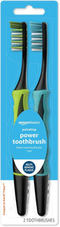 Amazon Basics Soft Toothbrushes for Adults - Pulsating Deep Cleaning with Soft Bristles, 2 Count, Assorted Colors