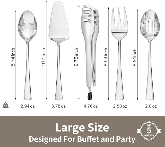 KINGSTONE 5 Piece Serving Utensils Set, 18/10 Stainless Steel Serving Utensils Large, Serving Spoon, Slotted Spoon, Fork, Tong, Cake Server for Buffet, Parties, Kitchen,Entertaining, Wedding