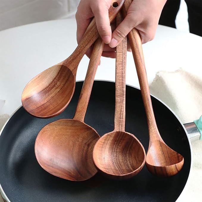FJNATINH Wooden Soup Ladle Set, Kitchen Spoon Set Utensils, 4 Pcs Handmade Natural Teak Cooking Spoons, Long Handle Wooden Soup Ladle Spoon