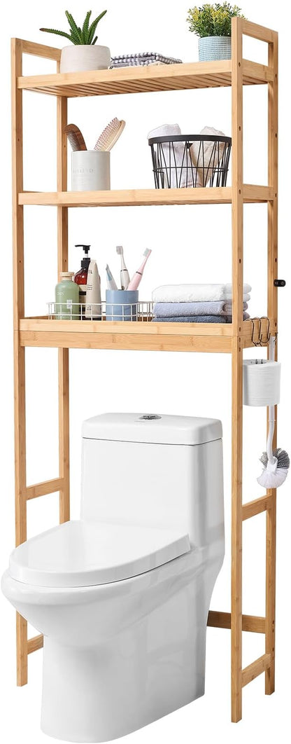 VEVOR Over The Toilet Storage, 3-Tier Adjustable Over Toilet Bathroom Organizer, Bamboo Storage Shelf Rack with 3 Hooks, Freestanding Easy Assembly Laundry Space Saver, Fit Most Toilets