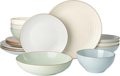 Famiware Jupiter Dinnerware Set with Pasta Bowl, Plates and Double Bowls Dish Sets for 4 (16 Pieces), Microwave and Dishwasher Safe, Chip and Scratch Resistant, Multi-color
