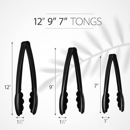 Plasticpro Heavy Duty Reusable Black Serving Tongs Combo Set - 4 Pieces (7.5'', 9'', 12'') for Kitchen, BBQ, Parties, Catering, Events, Weddings - Pack of 12