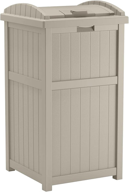 Suncast 33 Gallon Hideaway Trash Can for Patio - Resin Outdoor Trash with Lid - Use in Backyard, Deck, or Patio - Taupe