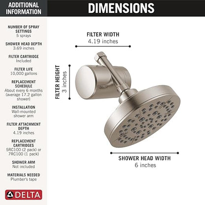 Delta Faucet 5-Setting Shower Head Brushed Nickel with Clarifi Standard Shower Filter Attachment with Filter