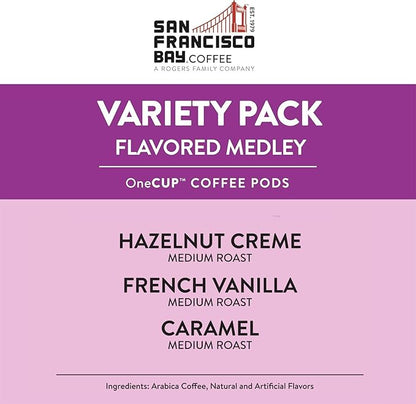 San Francisco Bay Compostable Coffee Pods - Variety Pack Flavored (40 Ct) K Cup Compatible including Keurig 2.0, Hazelnut, Cinnamon, Caramel, Vanilla Flavored Coffee