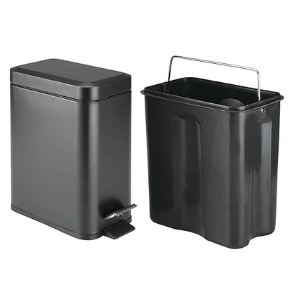 mDesign Metal Freestanding Slim Toilet Bowl Brush and Holder + Rectangle Narrow 5 Liter / 1.3 Gallon Step Pedal Trash Can Wastebasket for Bathroom - Small, Compact Design - Set of 2 - Black
