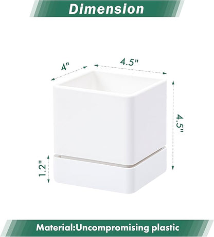 D'vine Dev 4 Inch Herb Planter Pot, Plastic Planter with Drainage Holes and Saucer, Modern Decorative Gardening Pot for Indoor Plants, Flowers, Herbs, Succulents, White, Set of 4, 76-Y-A4-1