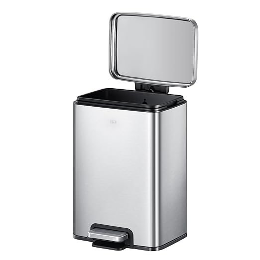 EKO Madison 12L / 3.2 Gal Bathroom Trash Can with Lid and Removable Inner Basket, Rectangular Small Step Trash Can, Brushed Stainless Steel