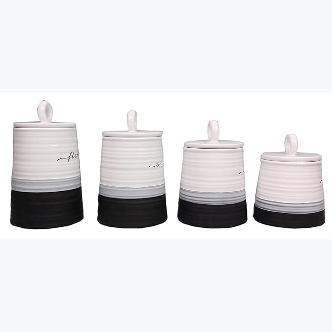 Young's Inc. 4 Pcs Set Rustic Modern Ceramic Canisters- Storage Container for Kitchen and Bathroom - Beautiful Home Decor Accent to Store Food, Coffee, Tea, and More - Black, White