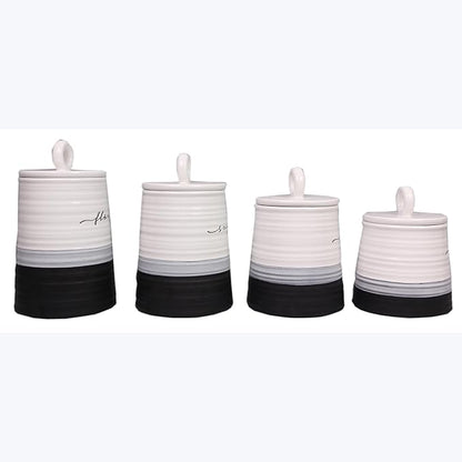 Young's Inc. 4 Pcs Set Rustic Modern Ceramic Canisters- Storage Container for Kitchen and Bathroom - Beautiful Home Decor Accent to Store Food, Coffee, Tea, and More - Black, White