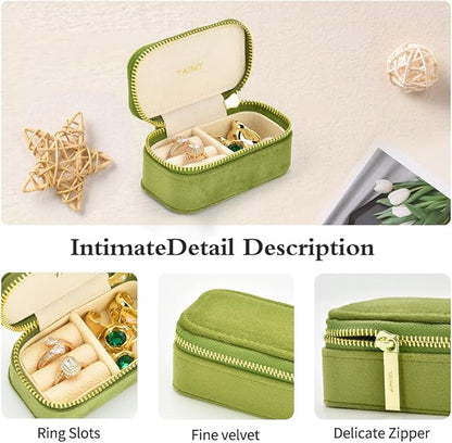 Small Travel Jewelry Case, Mini Tiny Plush Velvet Jewelry Box for Women and Girls, Pocket Size Jewelry holder organizer for Rings Earrings and Small Items(Lime Green)