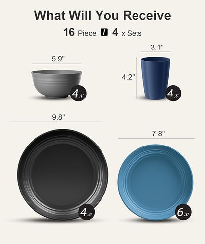 Quatish 16 Pcs Unbreakable Plates and Bowls, Plastic Dinnerware Sets