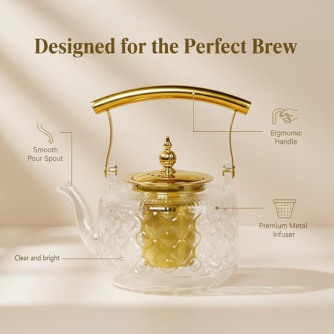 High Borosilicate Glass Teapot, 30 oz Thickened Heatproof Glass Teapot with Removable Stainless Steel Infuser and Lid, Stovetop Safe Tea Kettle, Hand Crafted Kettle, for Women and Adult