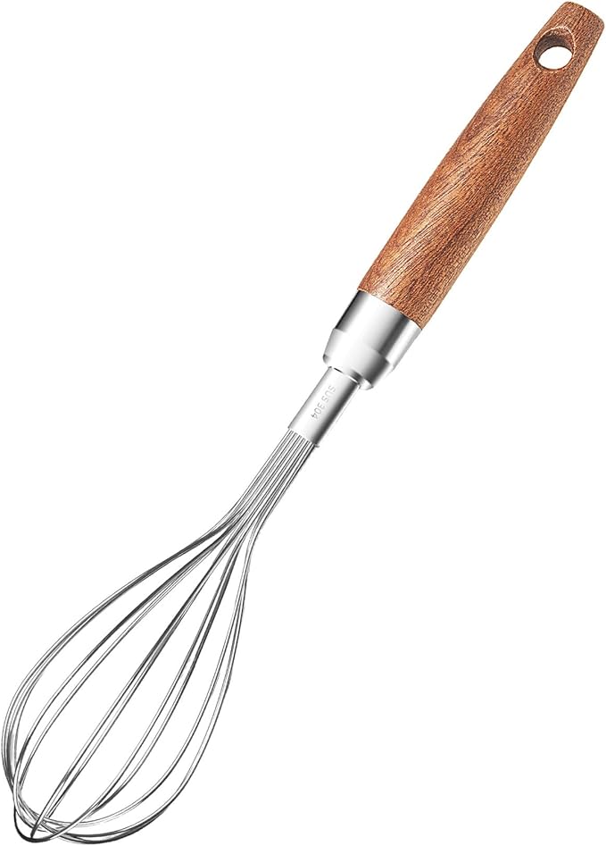 Stainless Steel Wire Whisk for Cooking- Wooden Handle Kitchen Multi Function Non Stick Balloon Whisk Egg Beater for Blending Whisking Beating Frothing Stirring Batters (9"L x 1.8"W)