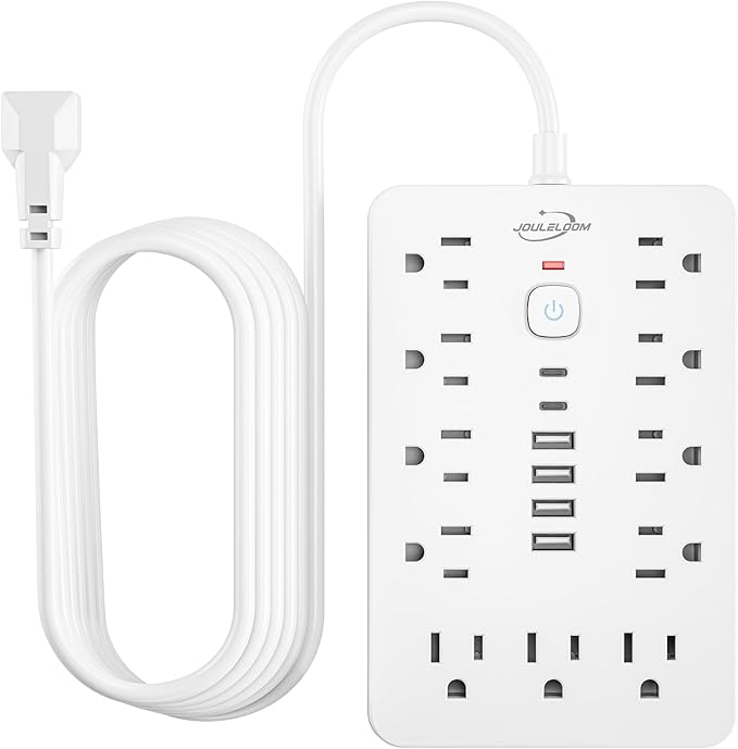 6 FT Flat Plug Surge Protector Power Strip,11 Multiple AC Outlets with 6 USB Ports (2 USB C), 6 Feet Extension Cord, 1250W/10A, One Touch Switch Button, 17 in 1 Compact powerstrip-White