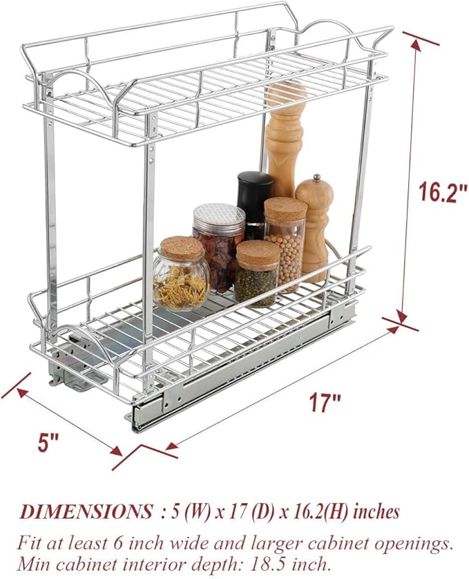 OCG Slide Out Cabinet Organizer for Narrow Cabinet (5" W X 17" D), 2 Tier Pull Out Shelves Slim Sliding Cabinet Organizer and Storage, Chrome
