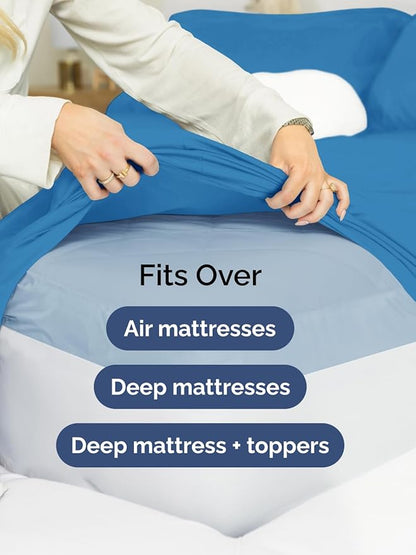 Extra Deep Pocket King Sheets - 4 Piece Breathable & Cooling Bed Sheets - Hotel Luxury Bed Sheet Set - Soft, Wrinkle Free & Comfy - Easily Fits Extra Deep Mattresses - Deep Pocket Denim Blue Sheets