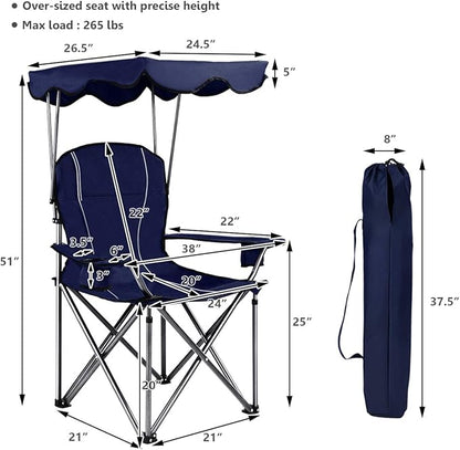 S AFSTAR Safstar Folding Camping Chair with Canopy, Portable Lawn Beach Canopy Chair with Cup Holder & Carry Bag, Load Bearing Up to 265LBS, Folding Chair for Outside Outdoor Travel Hiking Fishing
