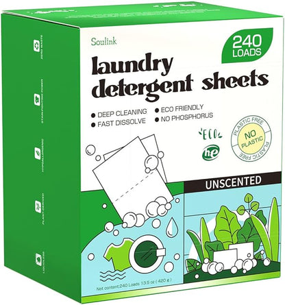 Soulink Laundry Detergent Sheets Unscented 240 Loads，Eco Friendly Detergent Sheets for Travel & Home - No Plastic Jug Liquidless Soap Strips, Plant-based, Hypoallergenic. Safe for Sensitive Skin