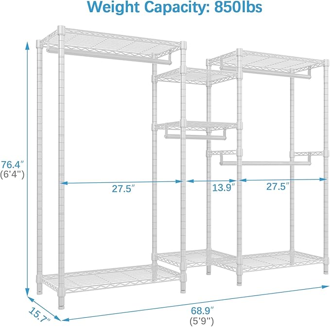 VIPEK Classic V6 Wire Garment Rack 5 Tiers Heavy Duty Clothes Rack for Hanging Clothes, Wardrobe Racks Compact Large Metal Clothing Racks Freestanding Closet Storage Racks, Max Load 850LBS, White