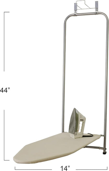 Household Essentials 144222 Over The Door Small Ironing Board with Iron Holder, Natural Cotton Cover Silver