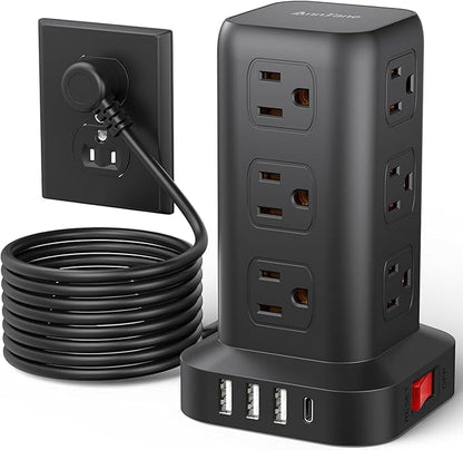 Surge Protector Power Strip 10 FT Cord, Power Strip Tower with 4 USB Ports (1USB C), Extension Cord with 12 AC Multiple Outlets, Home Office Supplies Desk Accessories, Dorm Room Essentials