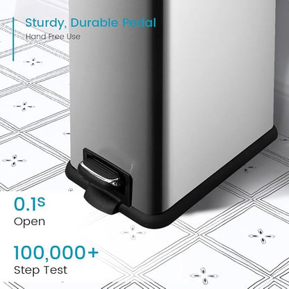 12 Gallon Trash Can with Lid，45L Kitchen Garbage Can,Stainless Steel Trash Can for Narrow Spaces with Soft-Close Lid, Inner Bucket, and Step-on Pedal