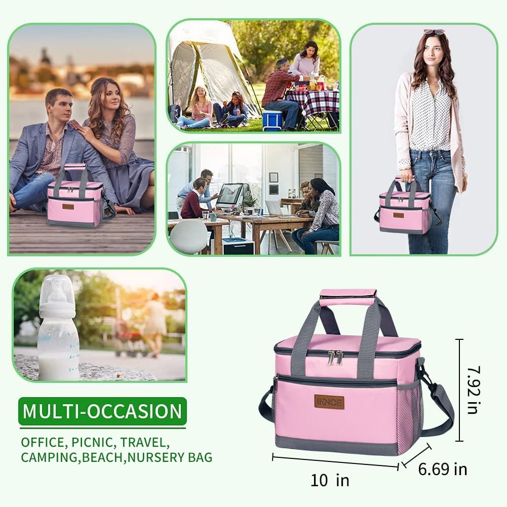 iknoe Large Foldable Cooler Bag, 8.5L Insulated Lunch Bag, Leakproof Lunch Cooler Tote with Multi-Bag Design Suitable for Beach, Picnic and Office Use, Pink 15-Can