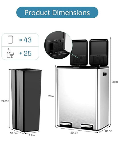 16 Gal (2 x 30 L) Dual Trash Can, Stainless Steel Kitchen Garbage Bin, Recycle Dustbin with Odor Control Box, Soft-Close Lid, Inner Buckets, Side Handle, Step Pedal, for Home Office