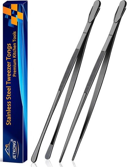 JETKONG 2 Pcs 14-Inch Food Tweezer Tongs Extra Long Stainless Steel Kitchen Tweezer Cooking Tweezers (Black)