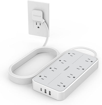 Power Strip Surge Protector 10 FT, TESSAN Flat Plug Extension Cord with 8 Outlets 3 USB Ports(1 USB C), 1080Joules Wall Mountable Multi Port Charging Station for Home Office Dorm Room Essentials
