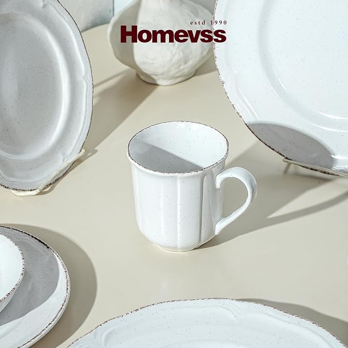 56pc Dinnerware Set, Plate and Bowl Set, Stoneware Dishes Set for 8, Microwave and Dishwahser Safe, Scratch Resistant, French Countryside Speckled Antique White