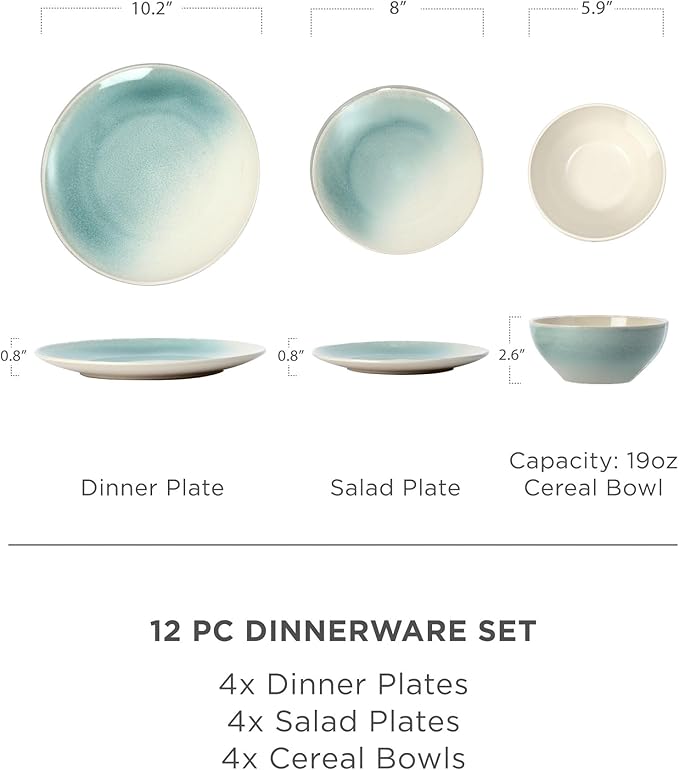 Famiware Glacier Stoneware Dinnerware Sets, Plates and Bowls Sets, 12 Pieces Kitchen Dishes Set for 4 - Dishwasher and Microwave Safe, Chip and Scratch Resistant, Aqua