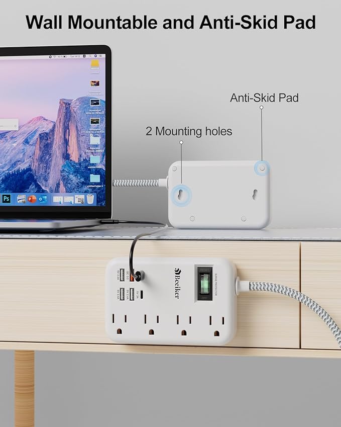 45W USB C Travel Power Strip- PD 45W Fast Charging Station with 6 USB(2 USB C) Ports and 4 Outlets,5Ft Flat Plug Braided Extension Cord Surge Protector for MacBook Laptops iPad Pro iPhone Samsung 13A