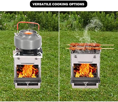 REDCAMP Wood Burning Folding Camp Stove Stainless Steel Grid and Pot Stand, Portable Collapsible Backpacking Stove Survival Rocket Stove for Hiking Outdoor Tent Camping Picnic, Samll with Pot Stand