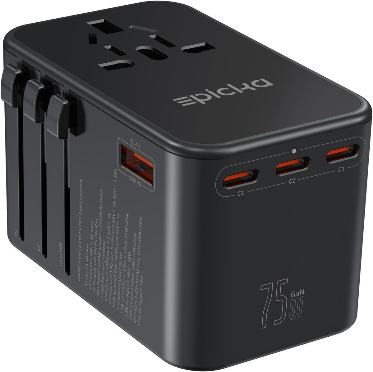 EPICKA Universal Travel Adapter, GaN 75W International Plug Adapter with 3 USB-C PD Fast Charging & 2 USB-A Quick Charging Adaptor All-in-one Wall Charger for USA EU UK AUS (TA-105 Max, Black)