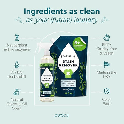 Puracy Stain Remover, Natural Based Travel and Laundry Stain Cleaner for Clothes, Baby Essentials, Kids Stains, Oil and Fabric Spot Cleaner, Unscented (Stain Remover Spray and Refill, 64 fl oz)