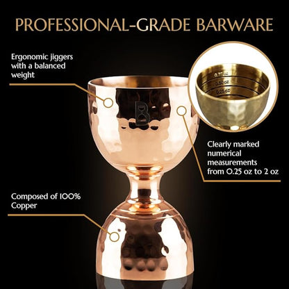 Hammered Bell Jigger by Bull In China - Premium 100% Copper with 0.25oz to 2oz Measures for Cocktails, Bars & Bartenders