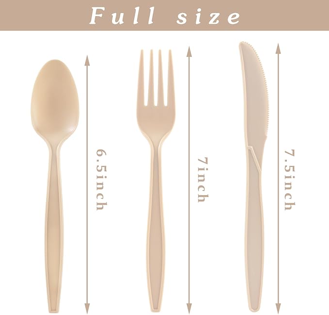 Compostable Utensils, Light Brown Plastic Silverware, Compostable Cutlery 100 Forks 100 Spoons 100 Knives, No Plastic Disposable Silverware, Eco Friendly Disposable Cutlery for Party Office Wedding