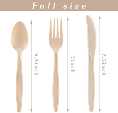 Compostable Utensils, Light Brown Plastic Silverware, Compostable Cutlery 100 Forks 100 Spoons 100 Knives, No Plastic Disposable Silverware, Eco Friendly Disposable Cutlery for Party Office Wedding