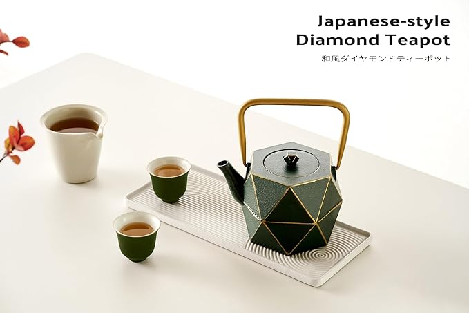 Toptier Cast Iron Teapot, Stovetop Safe Japanese Cast Iron Tea Kettle, Diamond Design Tea Pot with Removable Infuser for Loose Tea, 30 Ounce (900 ml), Dark Green