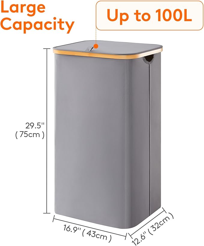 Lifewit 100L Laundry Basket with Lid, Clothes Hampers for Laundry with Bamboo Handles and A Removable Bag, Large Foldable Laundry Hamper for Bedroom, Bathroom, Dorm, Laundry Room, Gray