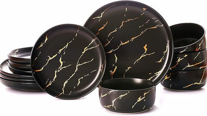 Black Gold Splash Dinnerware Sets, Marble Porcelain Plates and Bowls Sets, Modern Luxury Dish Set for 4, 12 Pieces Fine China Plates Set for Formal Dinners and Anniversaries
