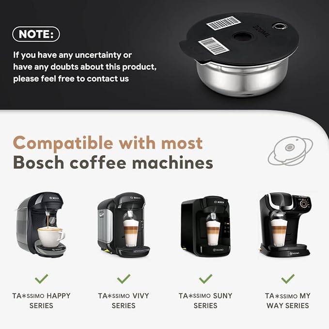 Stainless Steel Reusable Tassimo Pods with 4 Black Silicone Lid 60/180/200/220ml RefillableTassimo Coffee Pads wtih Tamper Compatible for Bosch Tassimo Machine